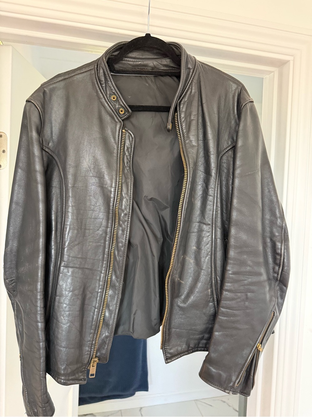 Men's Black Leather Bomber Jacket with Gold Zippers